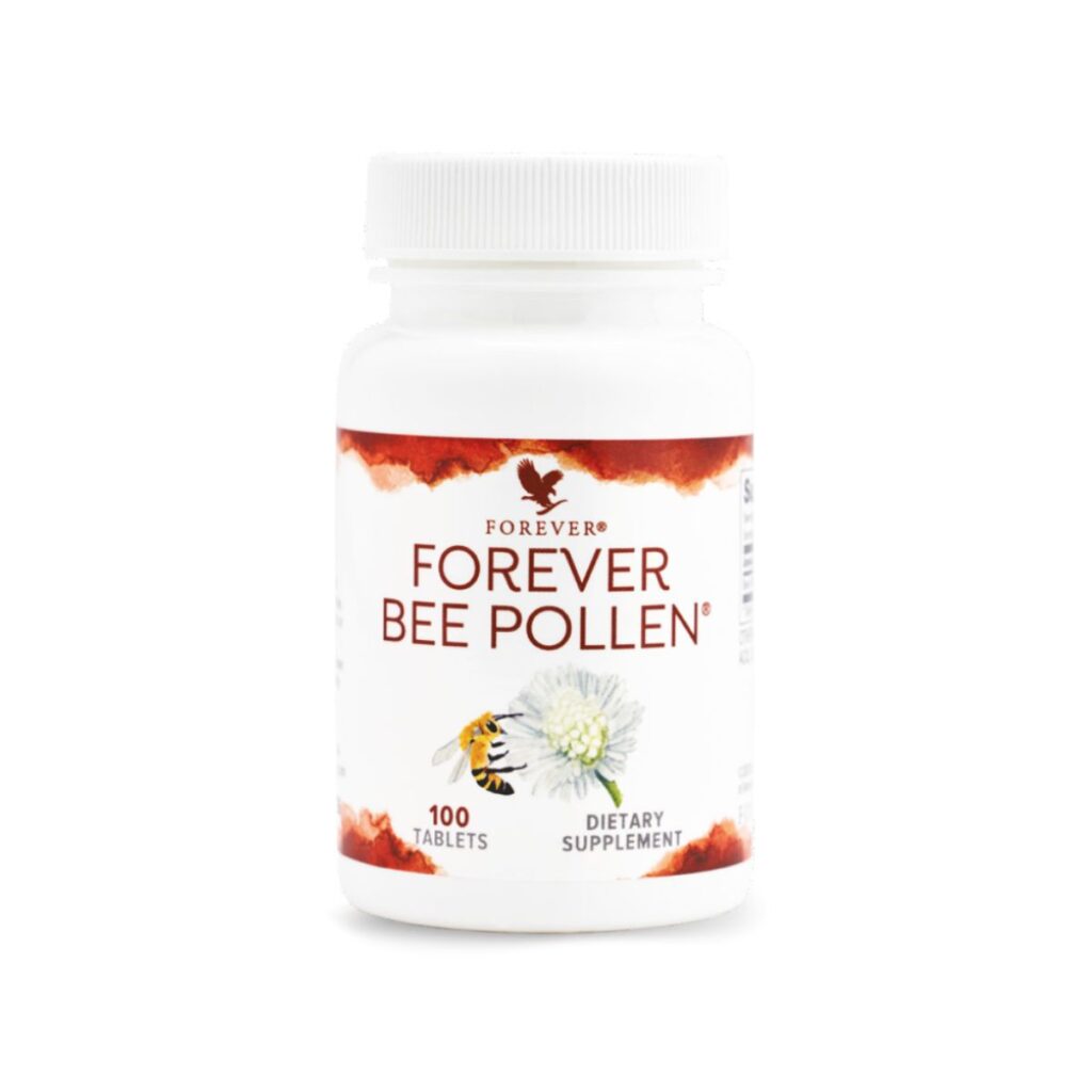 Frasco do suplemento Forever Bee Pollen com pólen de abelha, mel e geleia real