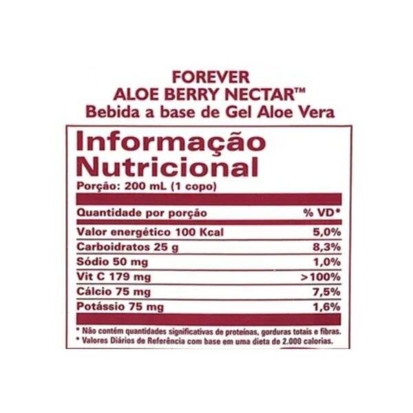 Valores nutricionais do suco Forever Aloe Berry Nectar – fonte de vitamina C, antioxidantes e Aloe Vera.