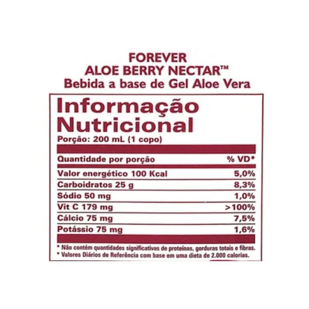 Tabela nutricional do Forever Aloe Berry Nectar – Suco com Aloe Vera, Cranberry e Maçã
