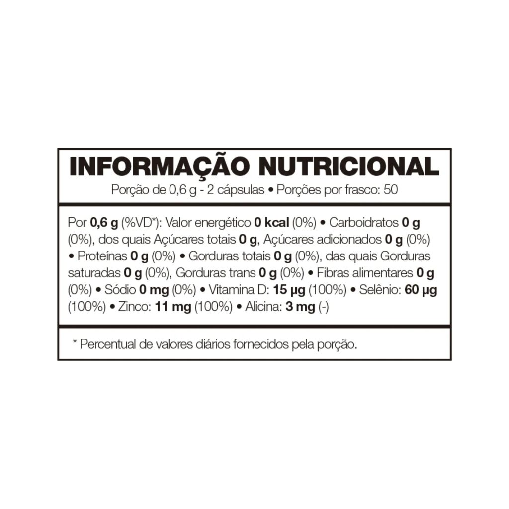 Tabela nutricional do suplemento Forever Garlic com óleo de alho, zinco, selênio e vitamina D3 – 2 cápsulas por porção